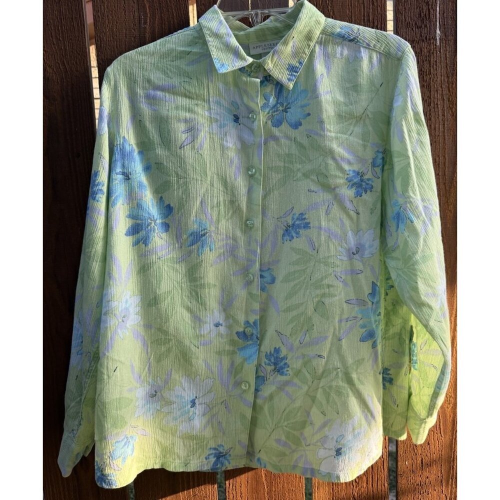 Appleseed's Floral Button Up Blouse SZ‎ Petite Large Whimsy Workwear